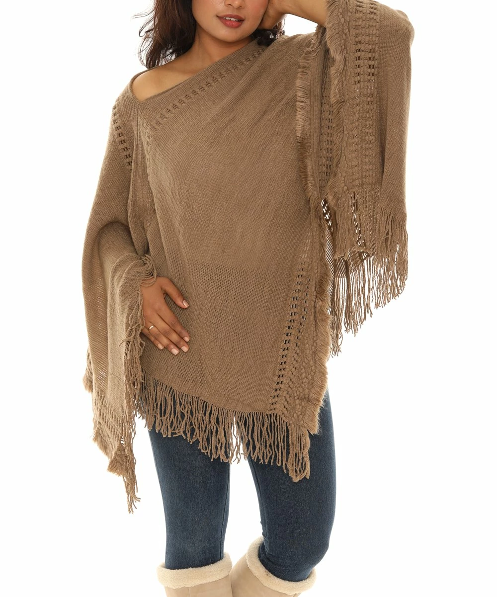 Best reviews of π₯° Shoreline Taupe Fringe-Hem V-Neck Poncho - π© Women π₯° - Image 3