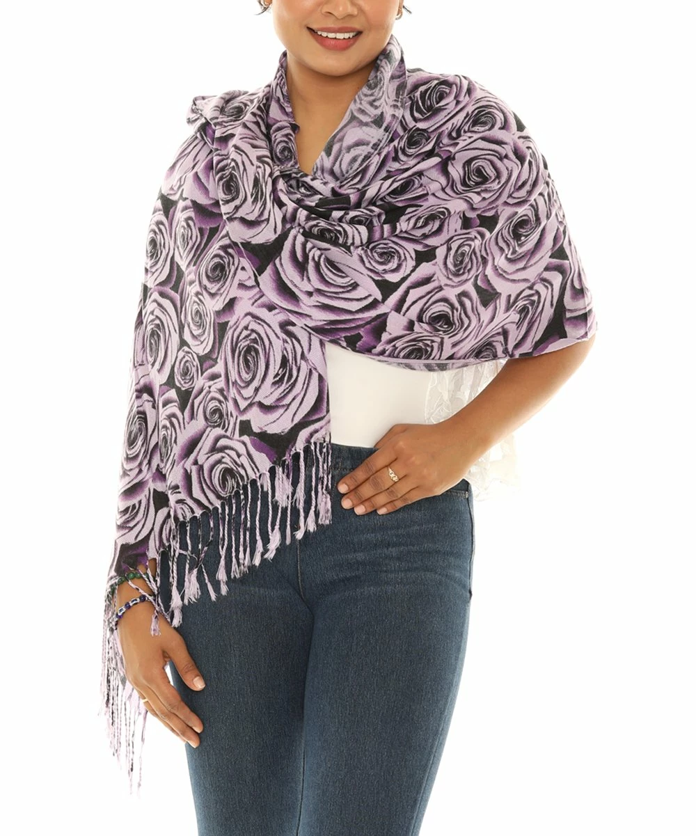 Best reviews of π Shoreline Purple & Black Rose Tassel-Hem Scarf - π© Women π - Image 2