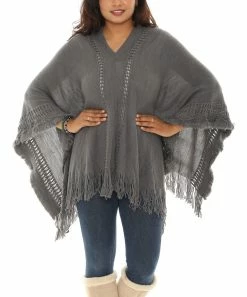 Best Sale π Shoreline Gray Fringe-Hem V-Neck Poncho - π© Women π