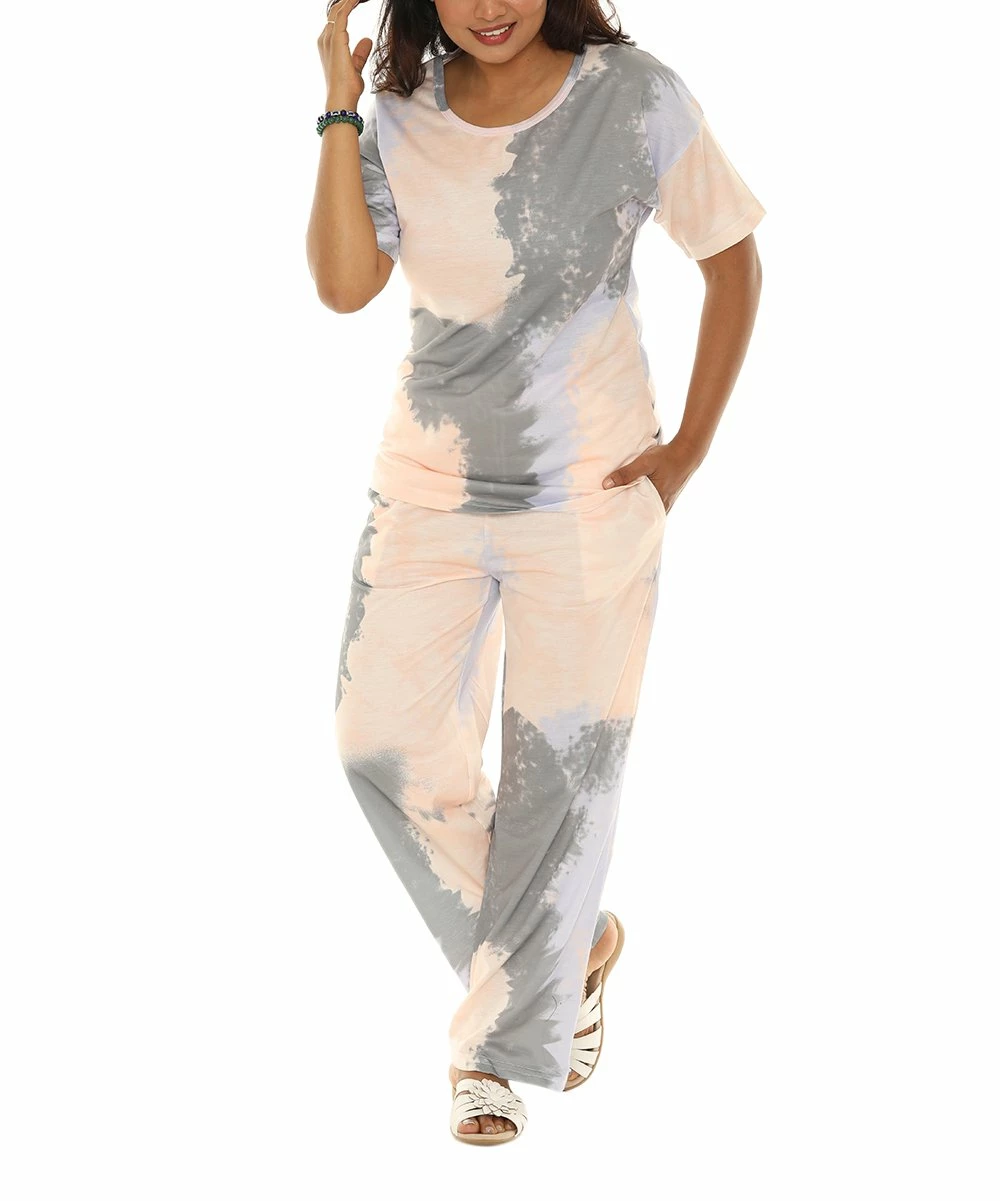 Budget π Shoreline Gray Tie-Dye Tee & Cream Tie-Dye Lounge Pants - π© Women & Plus π - Image 2