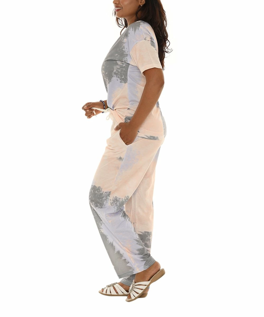 Budget π Shoreline Gray Tie-Dye Tee & Cream Tie-Dye Lounge Pants - π© Women & Plus π - Image 3