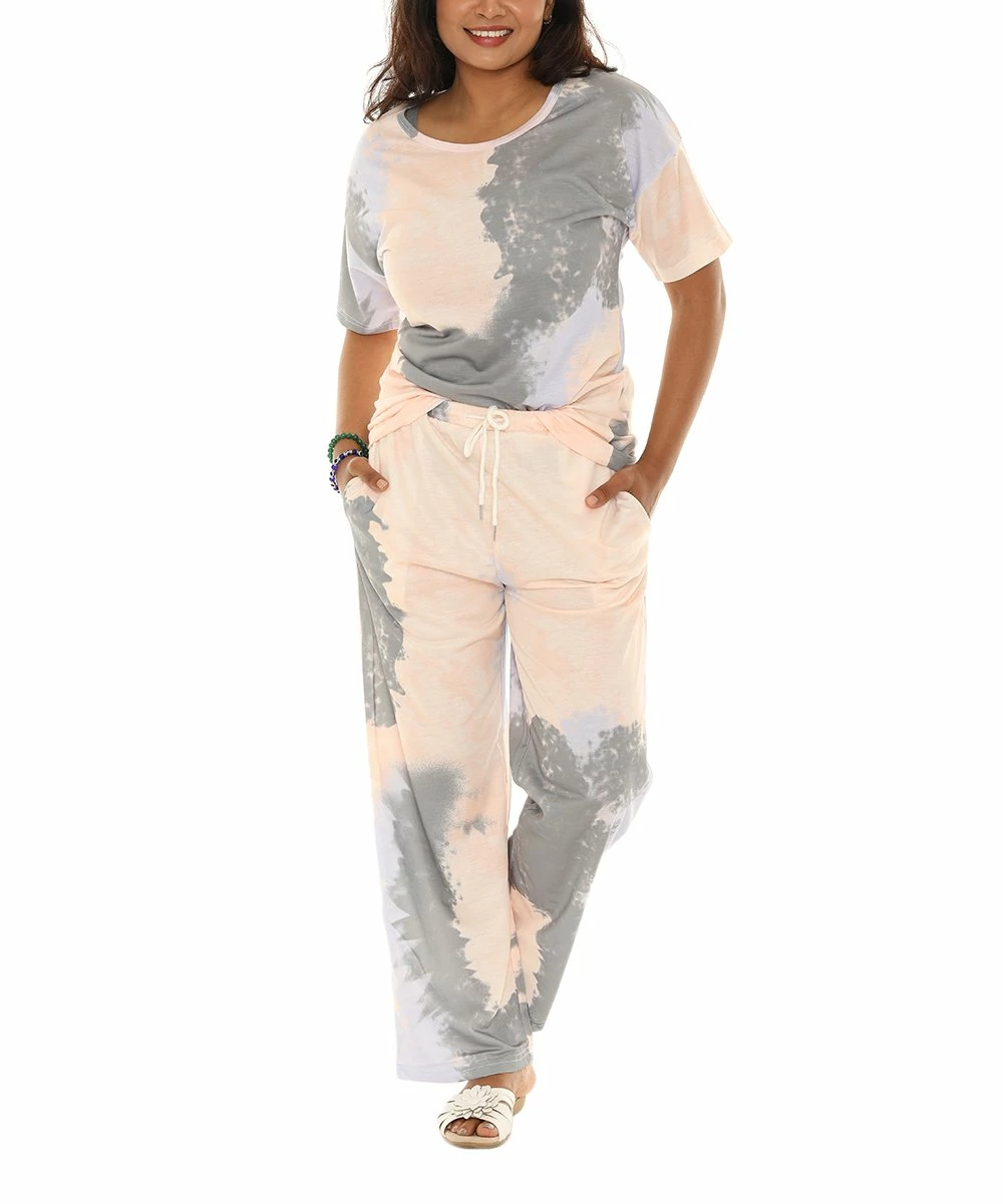 Budget π Shoreline Gray Tie-Dye Tee & Cream Tie-Dye Lounge Pants - π© Women & Plus π - Image 4