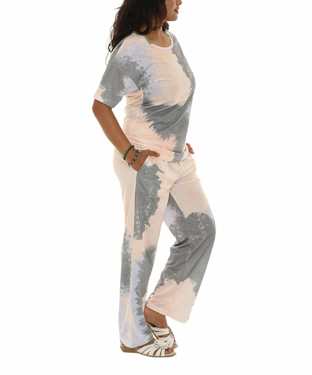 Budget π Shoreline Gray Tie-Dye Tee & Cream Tie-Dye Lounge Pants - π© Women & Plus π - Image 5