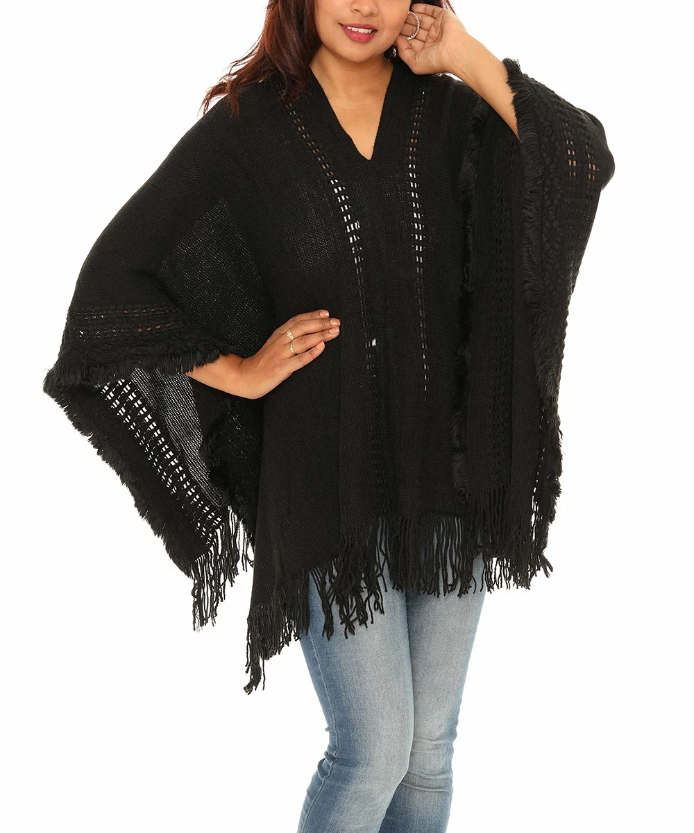 Brand new π Shoreline Black Fringed Sweater V-Neck Poncho - π© Women & Plus π― - Image 2
