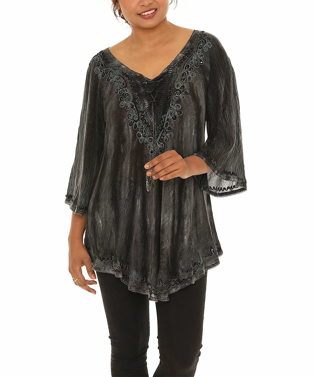 Brand new π Shoreline Ebony Embroidered Tie-Dye Scoop-Neck Three-Quarter Sleeve Top - π© Women & Plus π - Image 2