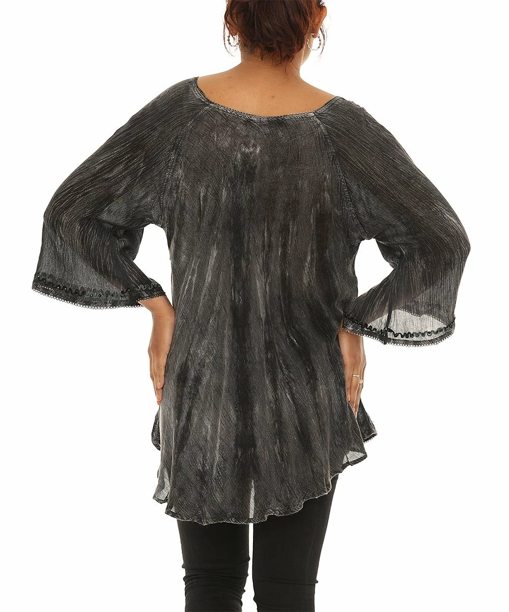 Brand new π Shoreline Ebony Embroidered Tie-Dye Scoop-Neck Three-Quarter Sleeve Top - π© Women & Plus π - Image 4