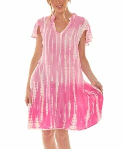 New 😉 Shoreline Pink Tie-Dye Butterfly-Sleeve V-Neck 👗 Dress - 👩 Women & Plus 👏