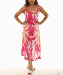 Outlet 🎁 Shoreline Pink & White Tie-Dye Embroidered Scoop Neck Maxi 👗 Dress - 👩 Women & Plus 😉