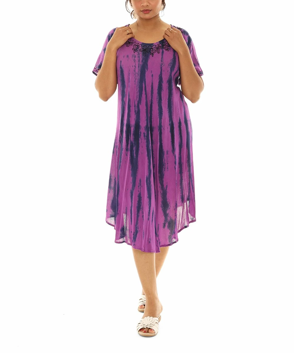 Outlet β Shoreline Purple & Pink Tie-Dye Half-Sleeve Scoop Neck π Dress - π© Women & Plus β - Image 2