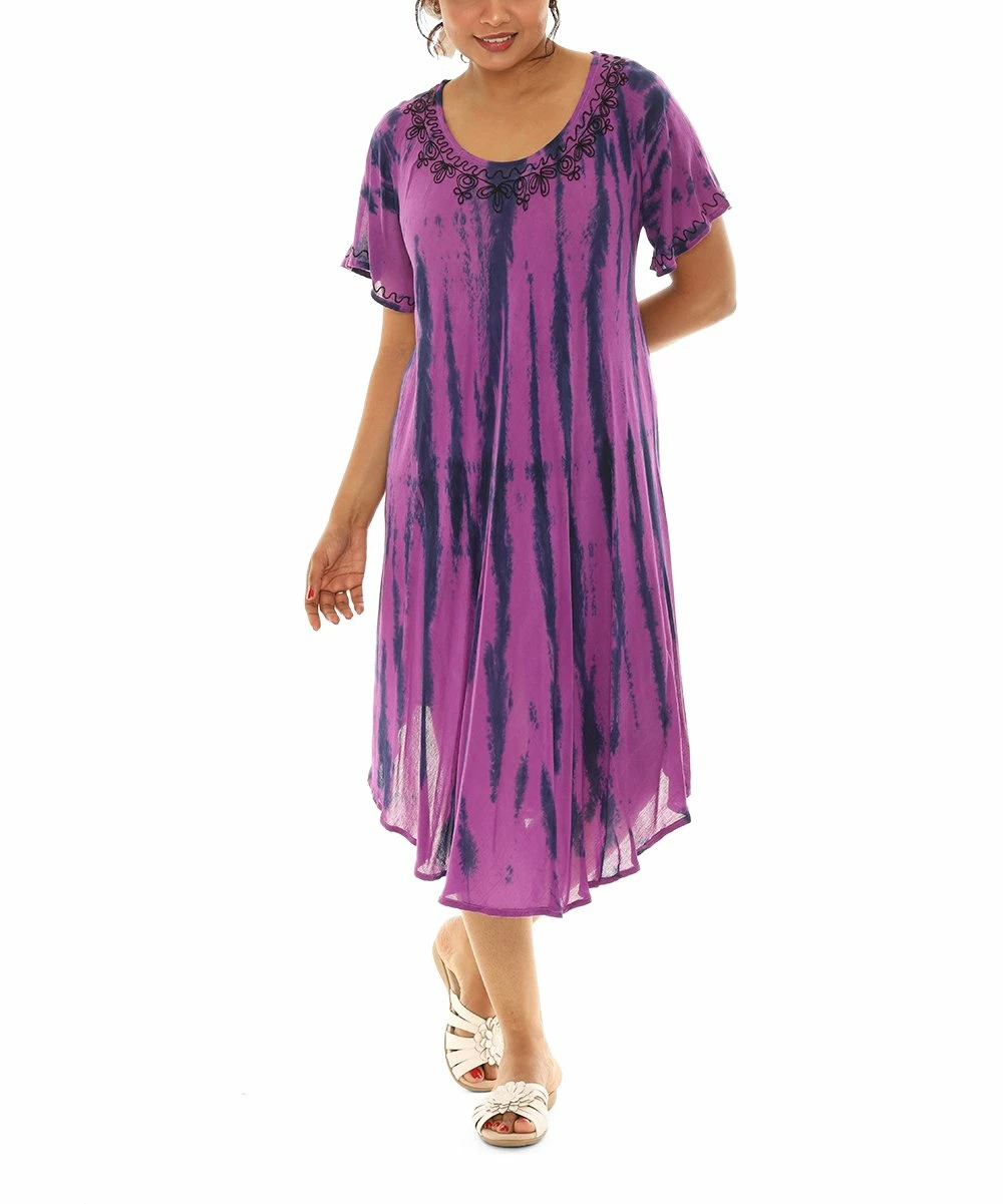 Outlet β Shoreline Purple & Pink Tie-Dye Half-Sleeve Scoop Neck π Dress - π© Women & Plus β - Image 3