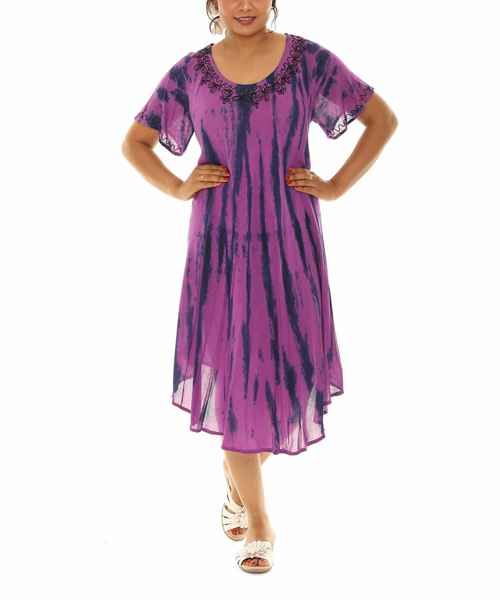 Outlet β Shoreline Purple & Pink Tie-Dye Half-Sleeve Scoop Neck π Dress - π© Women & Plus β