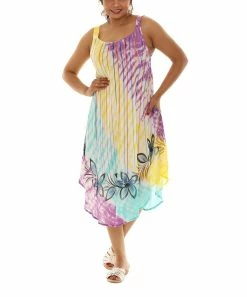 Coupon 😀 Shoreline Purple & Yellow Stripe & Floral Scoop Neck Sleeveless 👗 Dress - 👩 Women & Plus ❤️