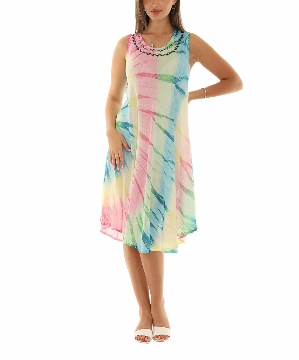 Hot Sale π Shoreline Pink & Blue Tie-Dye Scoop Neck Sleeveless π Dress - π© Women & Plus π