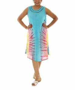 Flash Sale 🥰 Shoreline Turquoise & Pink Tie-Dye Scoop Neck Sleeveless 👗 Dress - 👩 Women & Plus ✨