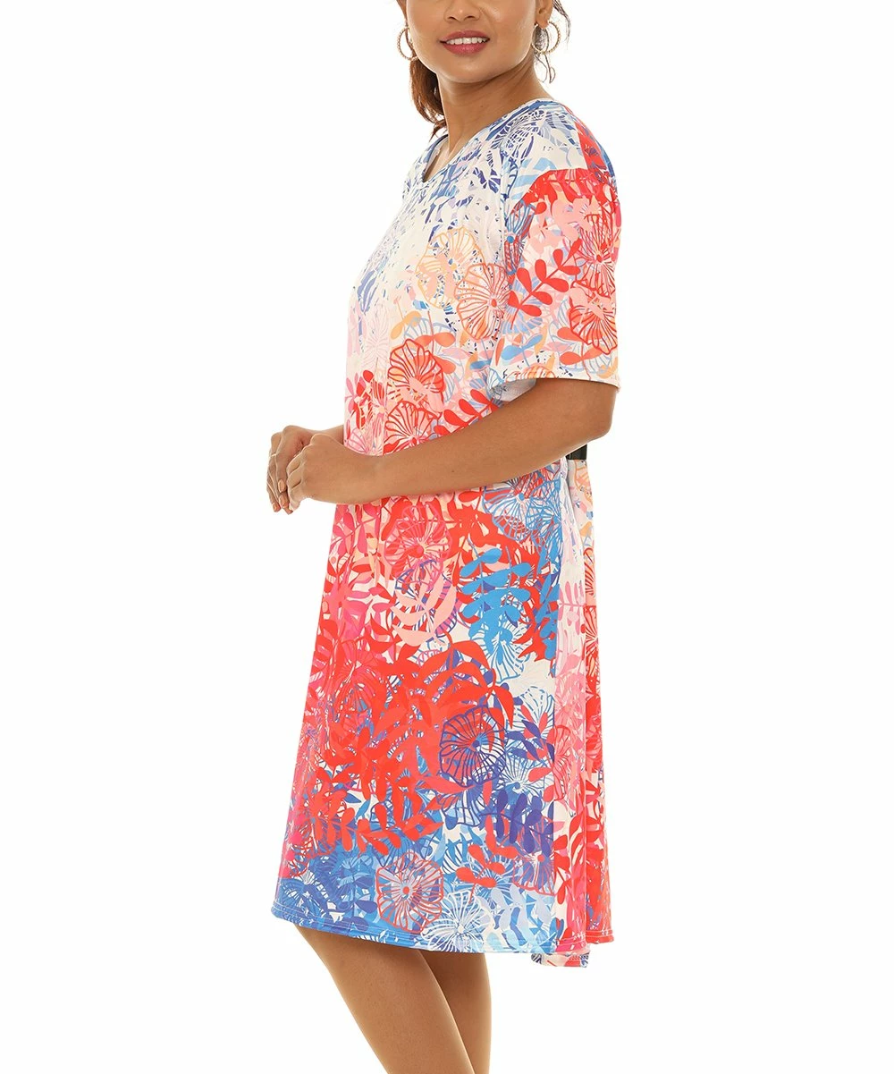 Buy π Shoreline Blue & Red Floral Half-Sleeve Scoop Neck π Dress - Plus π - Image 2