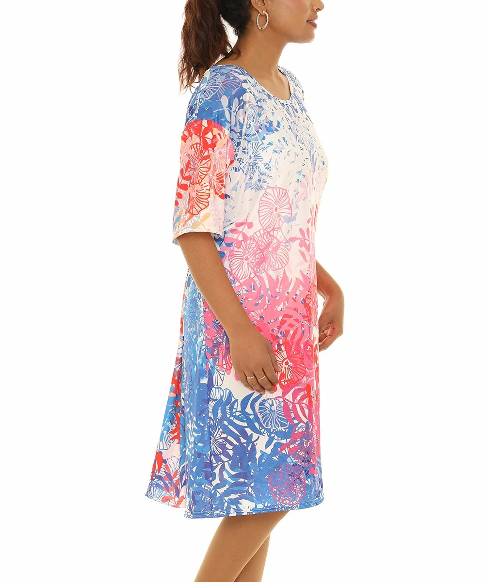 Buy π Shoreline Blue & Red Floral Half-Sleeve Scoop Neck π Dress - Plus π - Image 3