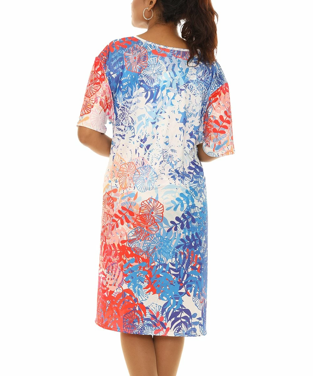 Buy π Shoreline Blue & Red Floral Half-Sleeve Scoop Neck π Dress - Plus π - Image 4