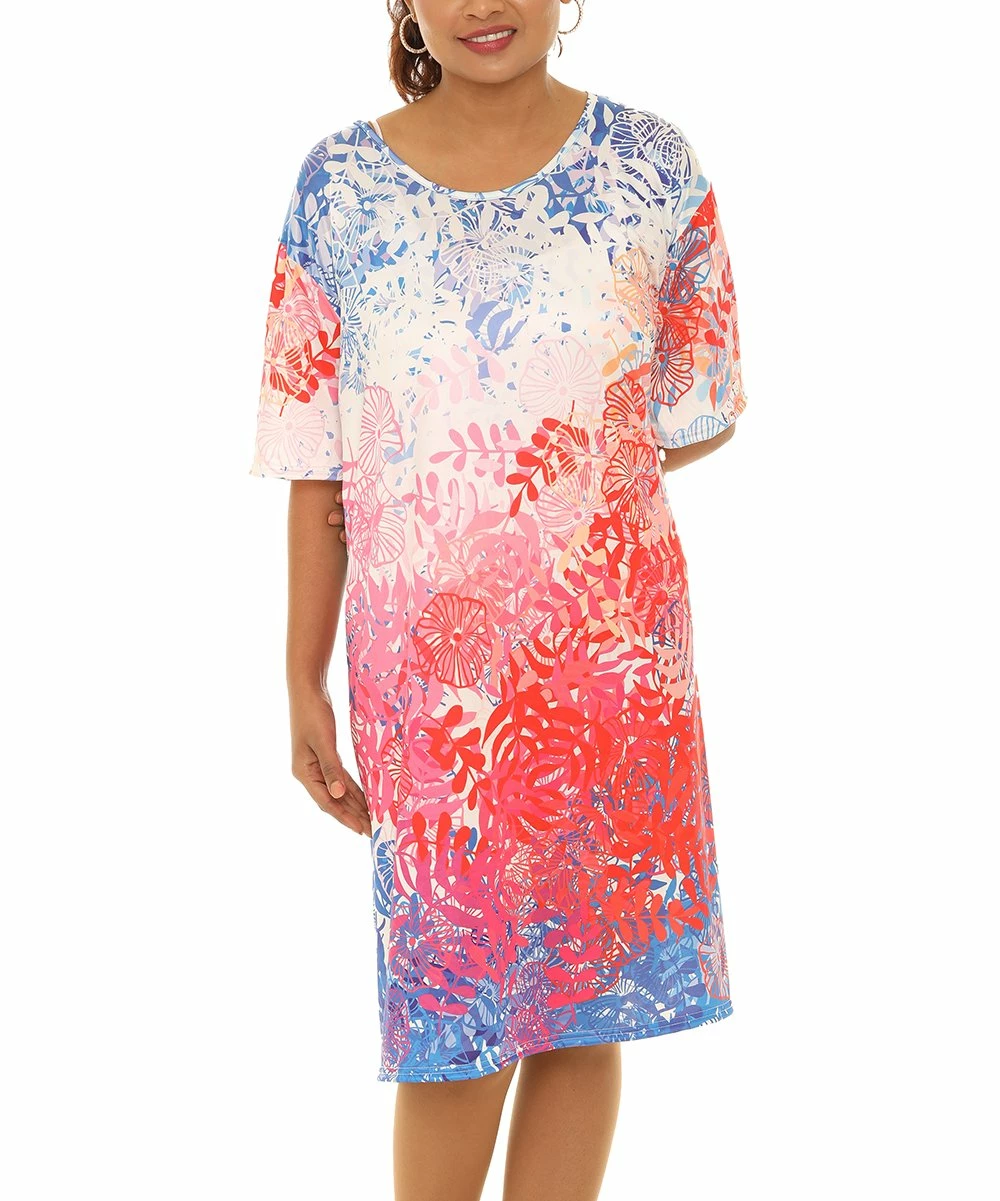 Buy π Shoreline Blue & Red Floral Half-Sleeve Scoop Neck π Dress - Plus π