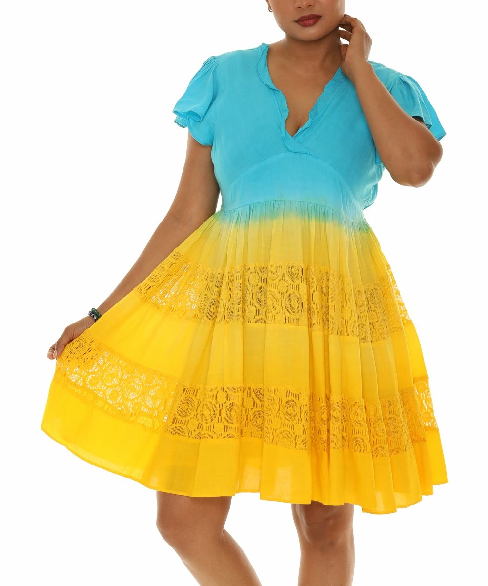 Cheapest π₯° Shoreline Yellow & Blue Flutter-Sleeve V-Neck π Dress - π© Women β - Image 2