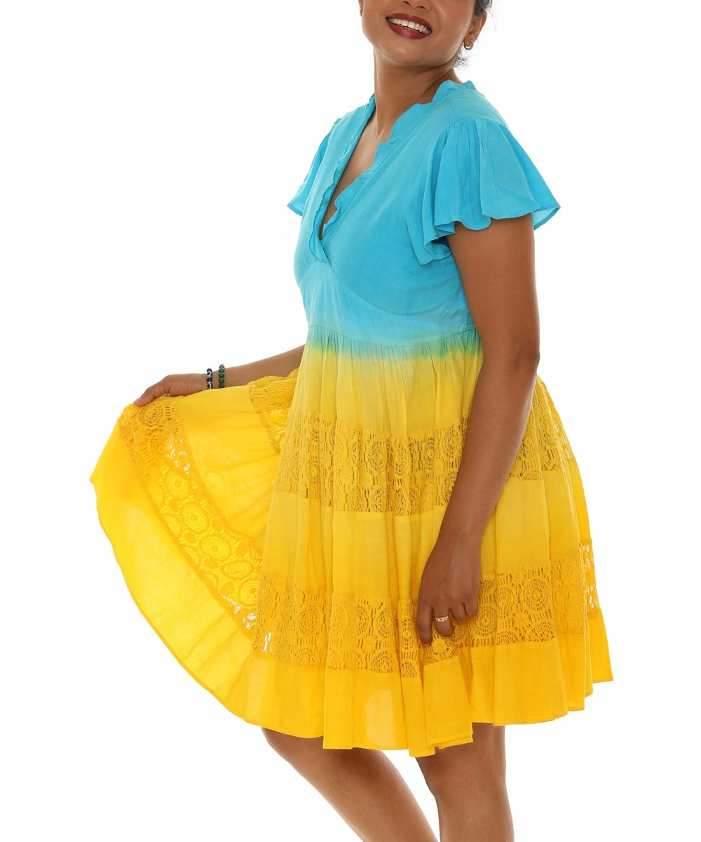 Cheapest π₯° Shoreline Yellow & Blue Flutter-Sleeve V-Neck π Dress - π© Women β - Image 3