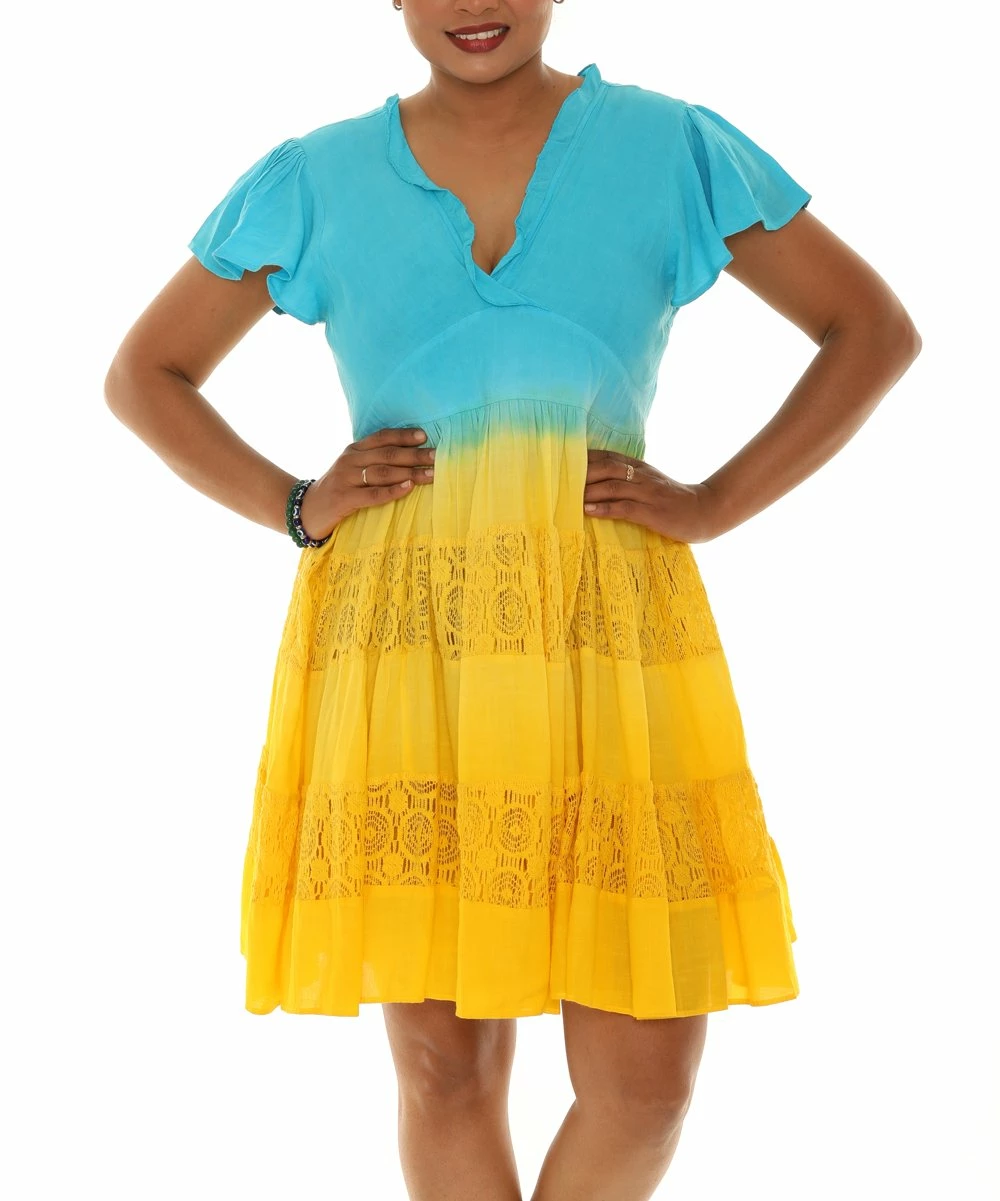 Cheapest π₯° Shoreline Yellow & Blue Flutter-Sleeve V-Neck π Dress - π© Women β - Image 4