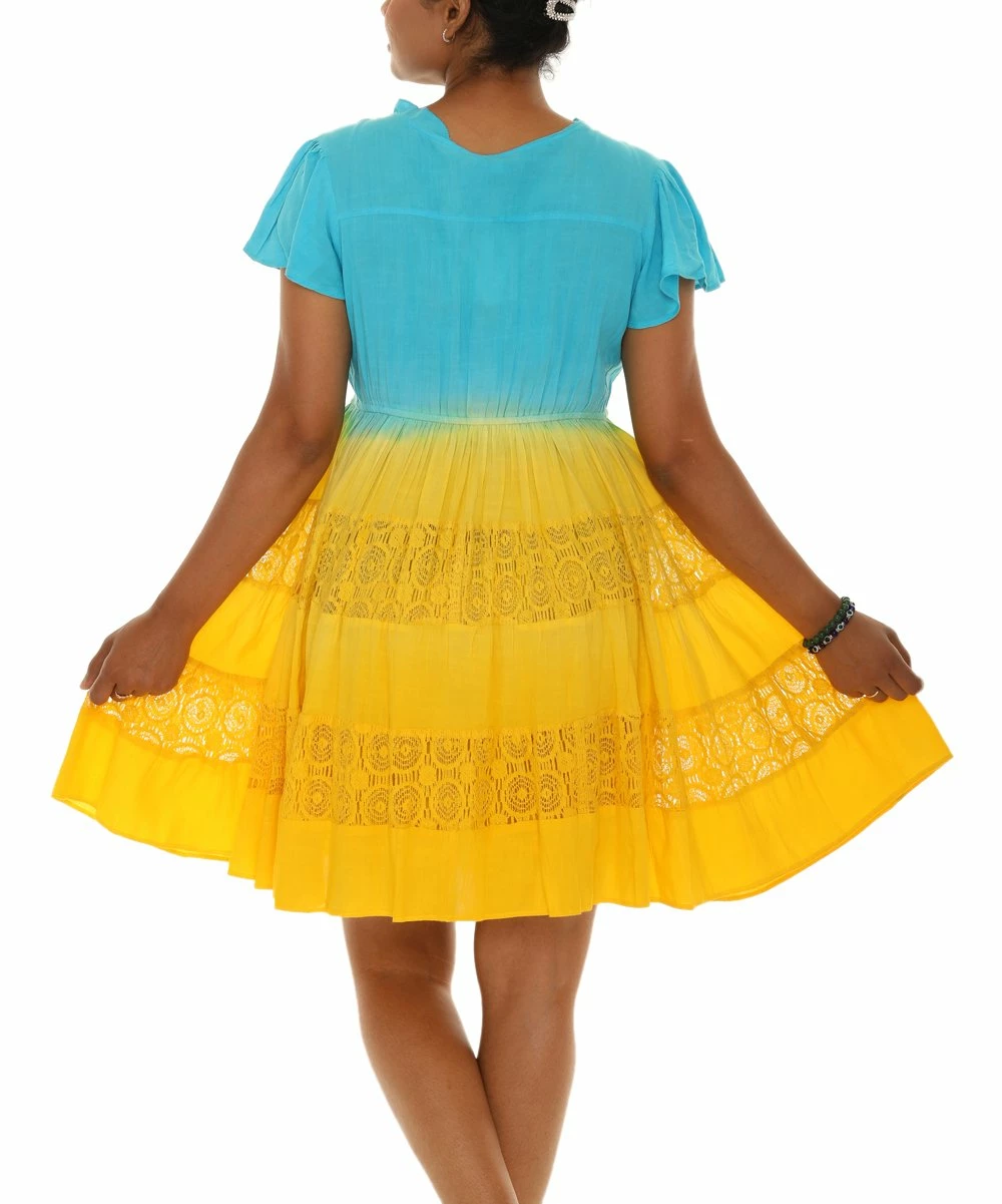 Cheapest π₯° Shoreline Yellow & Blue Flutter-Sleeve V-Neck π Dress - π© Women β - Image 5