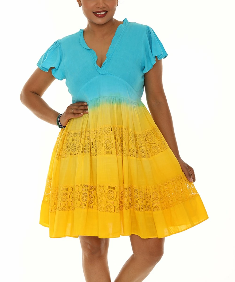 Cheapest π₯° Shoreline Yellow & Blue Flutter-Sleeve V-Neck π Dress - π© Women β