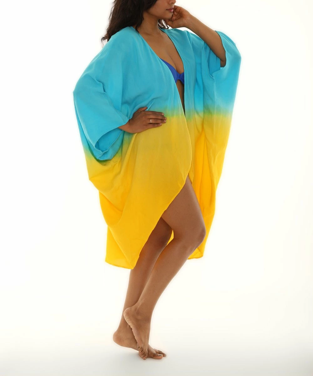Best reviews of ❤️ Shoreline Yellow & Blue Ombré Three-Quarter Sleeve Cover-Up - 👩 Women 🥰 - Image 2