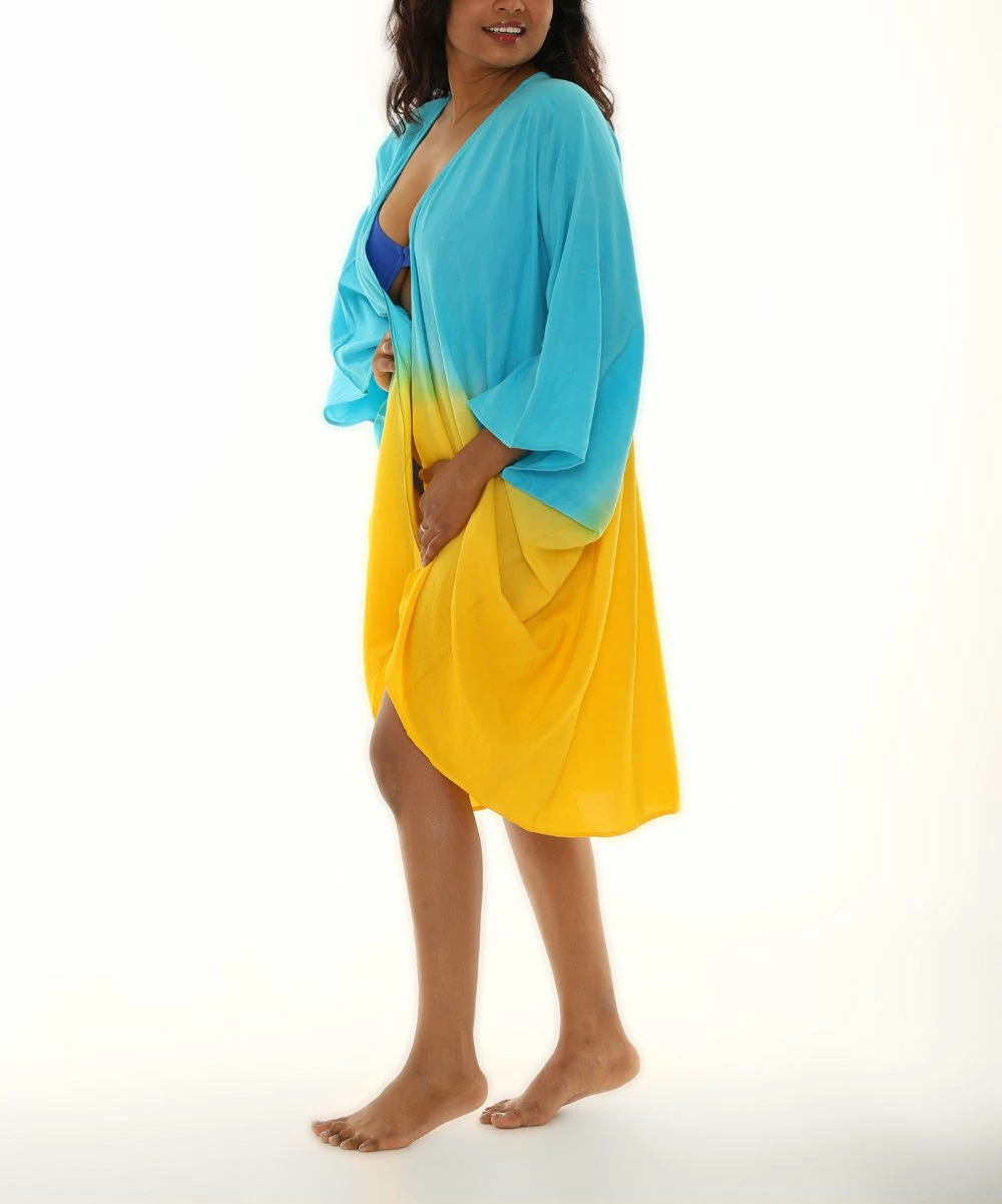 Best reviews of ❤️ Shoreline Yellow & Blue Ombré Three-Quarter Sleeve Cover-Up - 👩 Women 🥰 - Image 4
