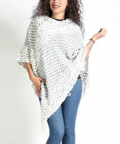 Best reviews of ⭐ Shoreline White & Gray Waffle-Knit Fringed Poncho - Plus 😍
