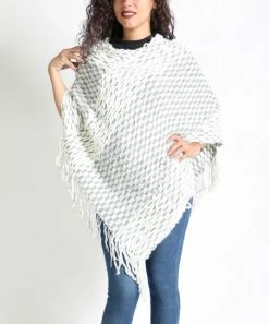 Buy 🎁 Shoreline White & Gray Knit Fringe-Hem Poncho - 👩 Women & Plus ❤️