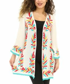 Budget π Shoreline White & Bright Blue Leaf Eyelet-Trim Open Cardigan - π© Women & Plus β¨