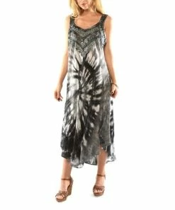 Outlet ⌛ Shoreline Black Tie-Dye Sleeveless Midi 👗 Dress - 👩 Women & Plus 🌟