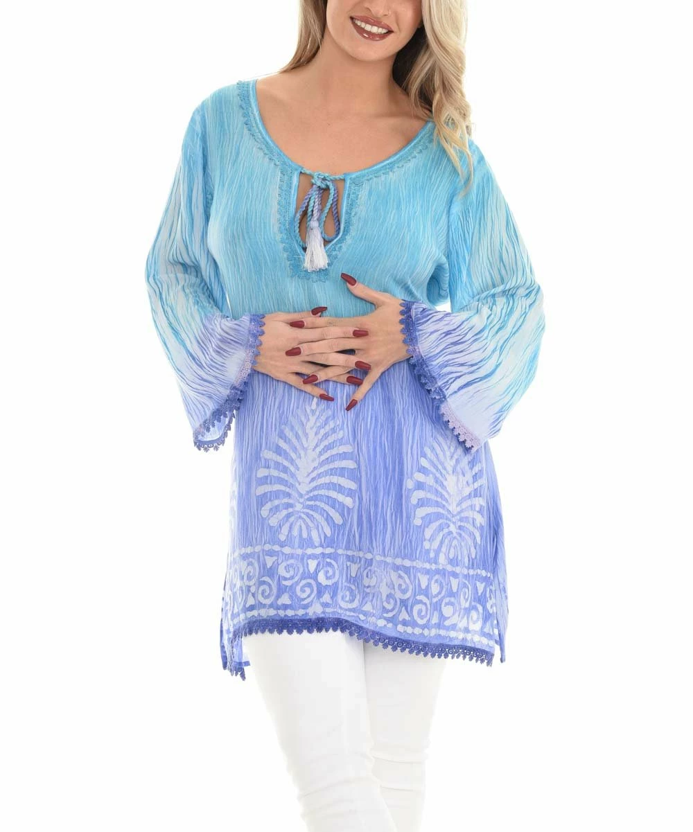 Promo π Shoreline Turquoise Palm Tree Tassel-Tie Scoop Neck Top - π© Women & Plus π - Image 2