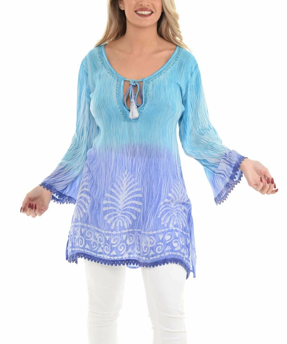 Promo π Shoreline Turquoise Palm Tree Tassel-Tie Scoop Neck Top - π© Women & Plus π