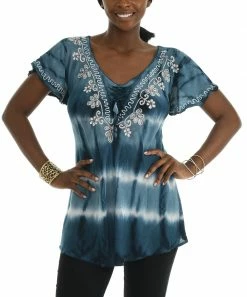 New π Shoreline Blue Floral Tie-Dye V-Neck Top - π© Women & Plus β¨