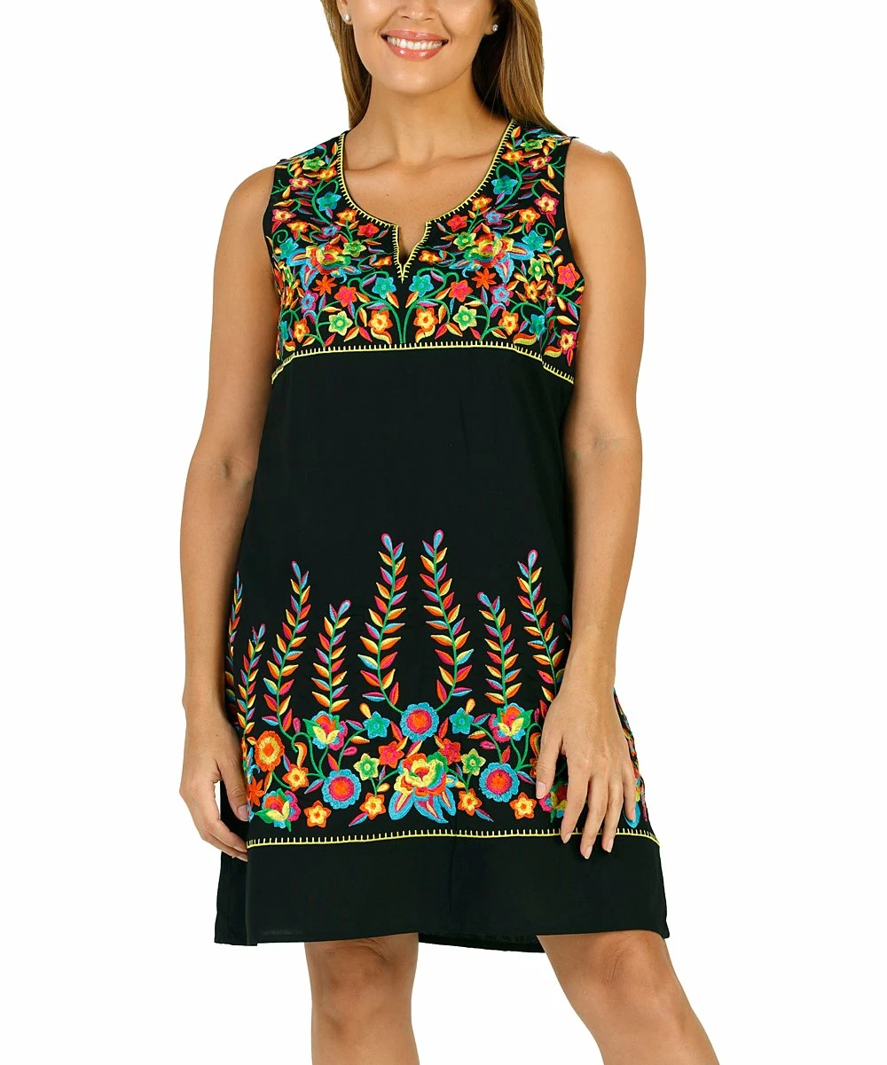 Best deal π Shoreline Black Floral Embroidered Notch Neck A-Line π Dress - π© Women π - Image 2