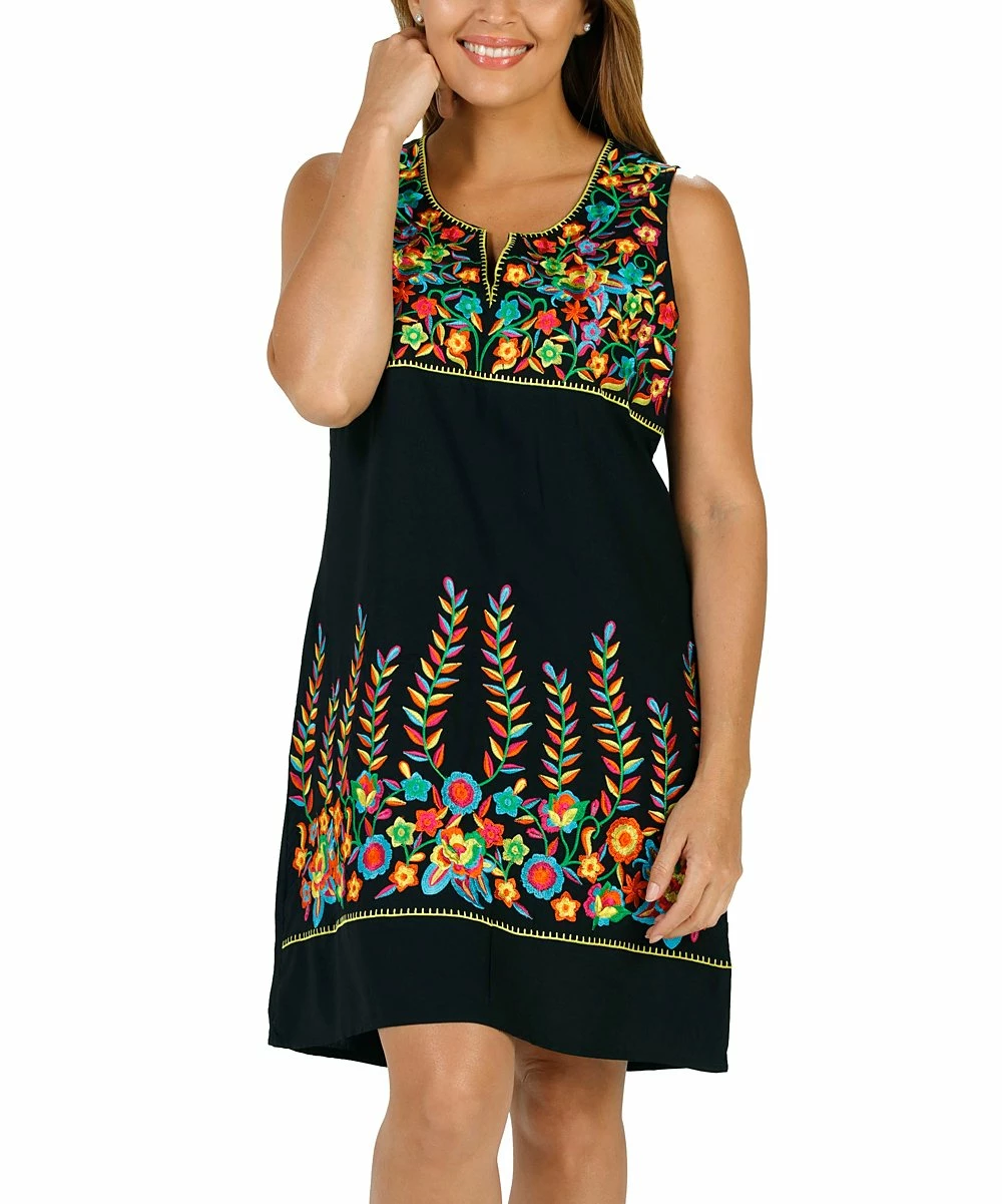 Best deal π Shoreline Black Floral Embroidered Notch Neck A-Line π Dress - π© Women π - Image 3