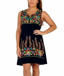 Best deal 🌟 Shoreline Black Floral Embroidered Notch Neck A-Line 👗 Dress - 👩 Women 👏