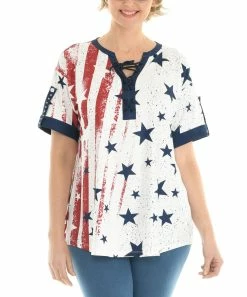 Wholesale π― Shoreline White & Navy Star & Stripe Lace-Up V-Neck Top - π© Women π