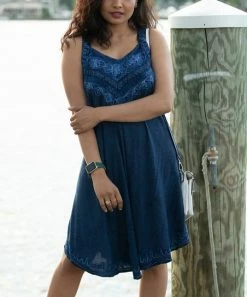 Cheapest 🛒 Shoreline Blue Embroider-Detail V-Neck Sleeveless 👗 Dress - 👩 Women & Plus ⭐