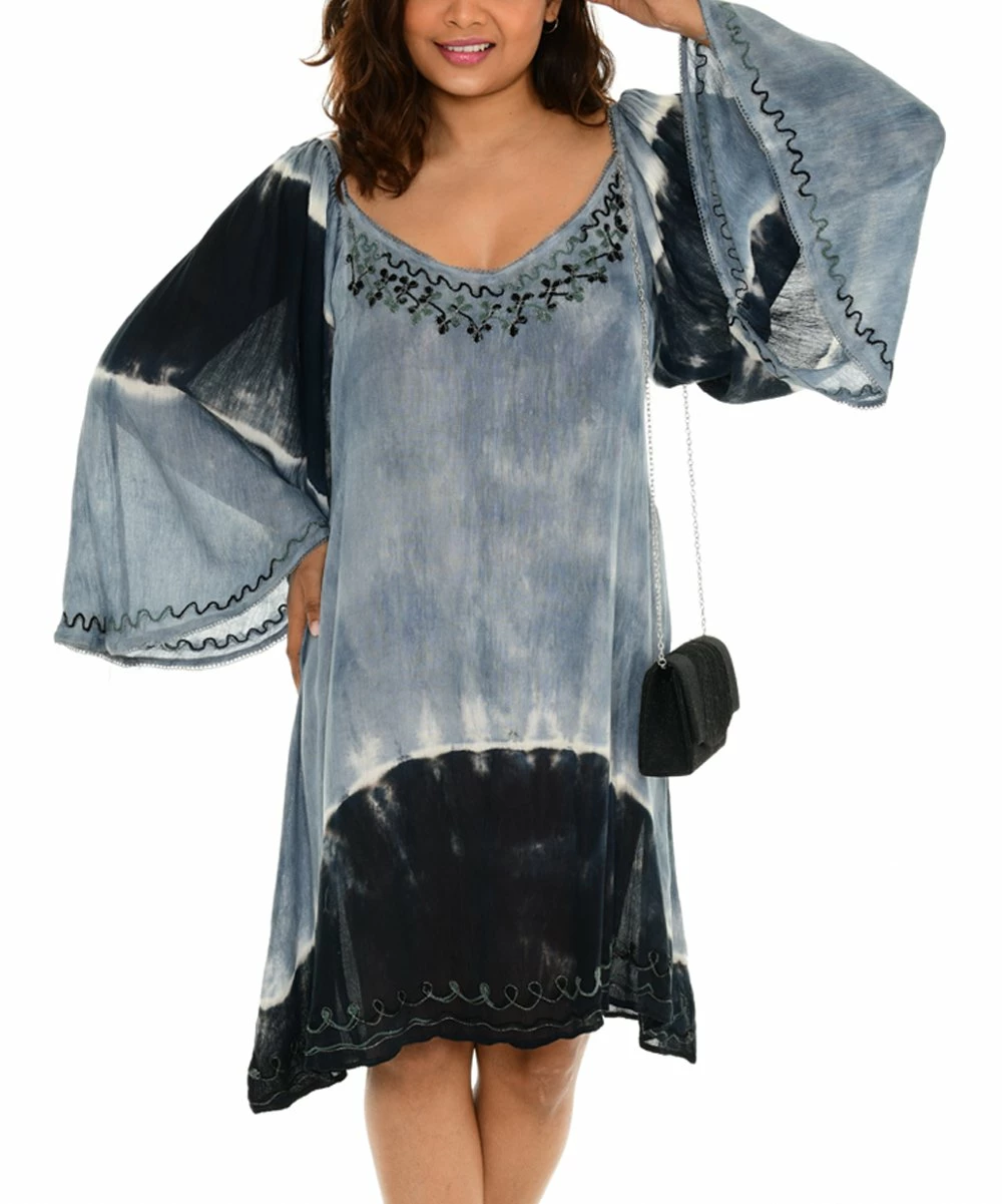 Buy β¨ Shoreline Black & Gray Tie-Dye Wide-Sleeve Shift π Dress - π© Women & Plus β¨ - Image 3