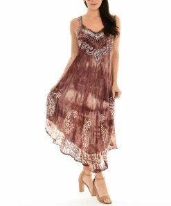 Best deal 💯 Shoreline Brown Embroidered Paisley Tie-Dye Sleeveless Midi 👗 Dress - 👩 Women & Plus 🥰