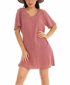 New 👏 Shoreline Mauve Garment-Dye Collared Half-Sleeve Sheath 👗 Dress - 👩 Women ❤️