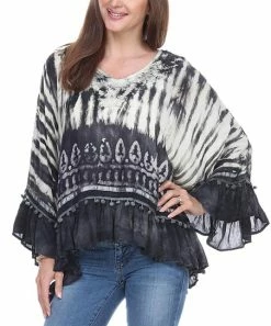 Wholesale 😉 Shoreline Black Tie-Dye Bell-Sleeve V-Neck Top - Plus 🎁
