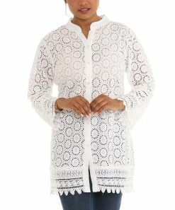 Coupon ⌛ Shoreline White Eyelet Sheer Three-Quarter Sleeve Tunic - 👩 Women 😀