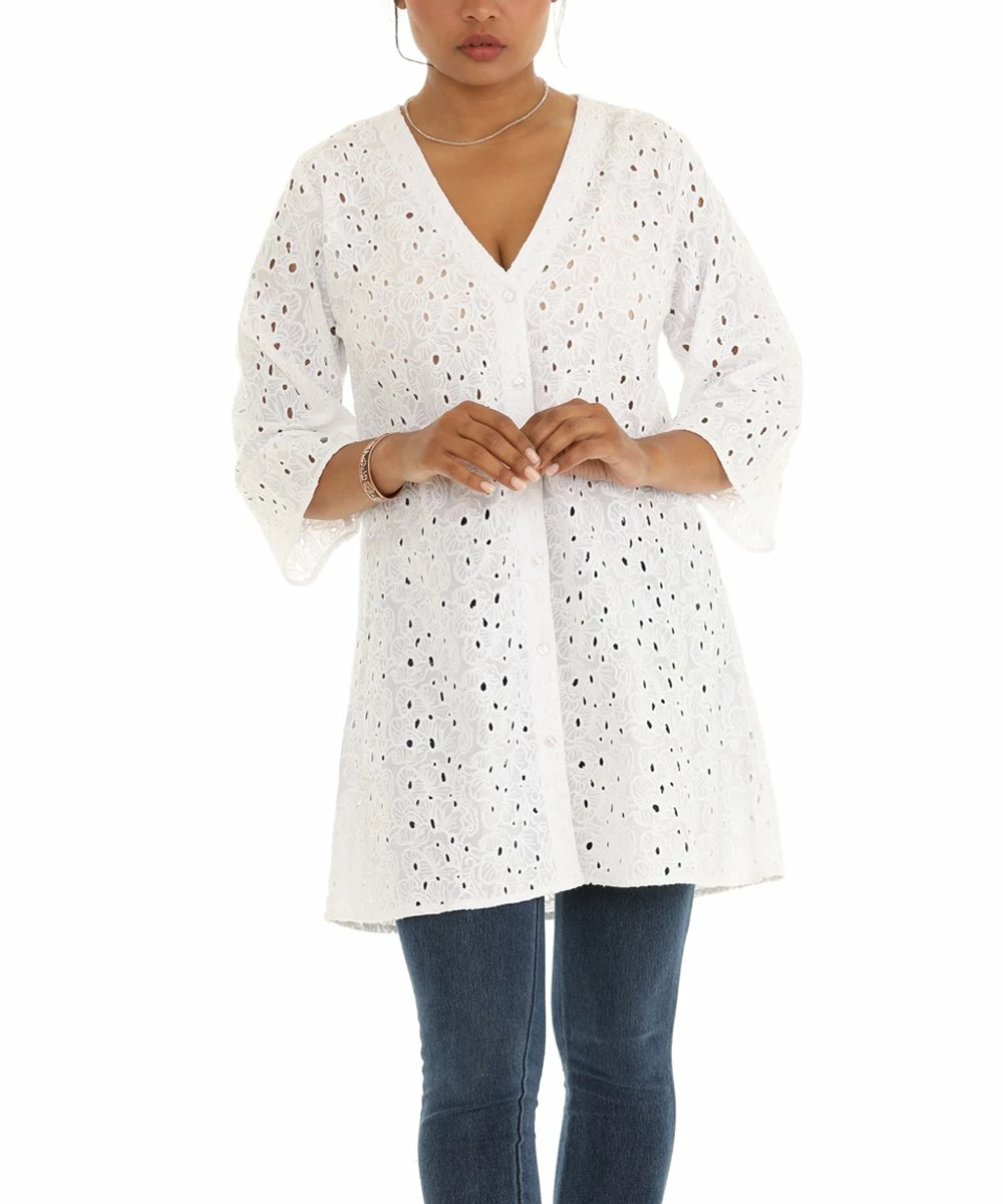 Best deal π₯° Shoreline White Eyelet Button-Up Tunic - π© Women & Plus π - Image 2