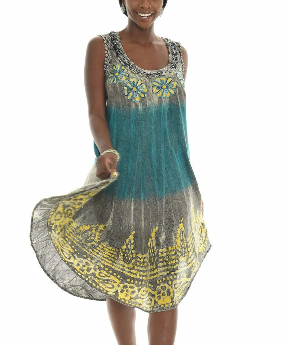 New π₯° Shoreline Gray & Teal Tie-Dye Floral Sleeveless Midi π Dress - π© Women & Plus π₯°