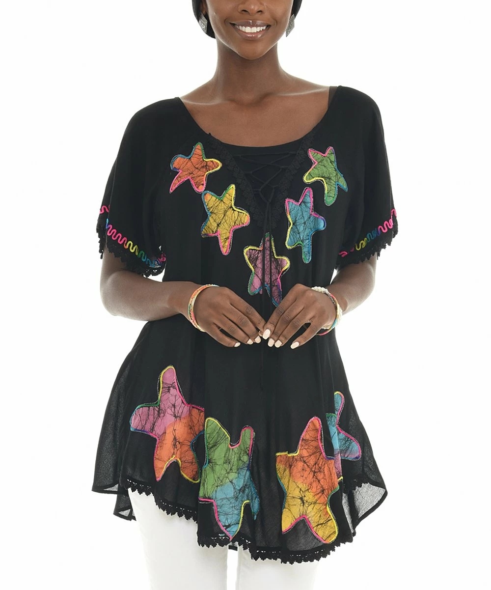 New β€οΈ Shoreline Ebony Stars Lace-Trim Short-Sleeve Tunic - Plus β€οΈ