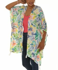 Wholesale 🔔 Shoreline Green & Yellow Floral Tassel Open Cardigan - 👩 Women 👏